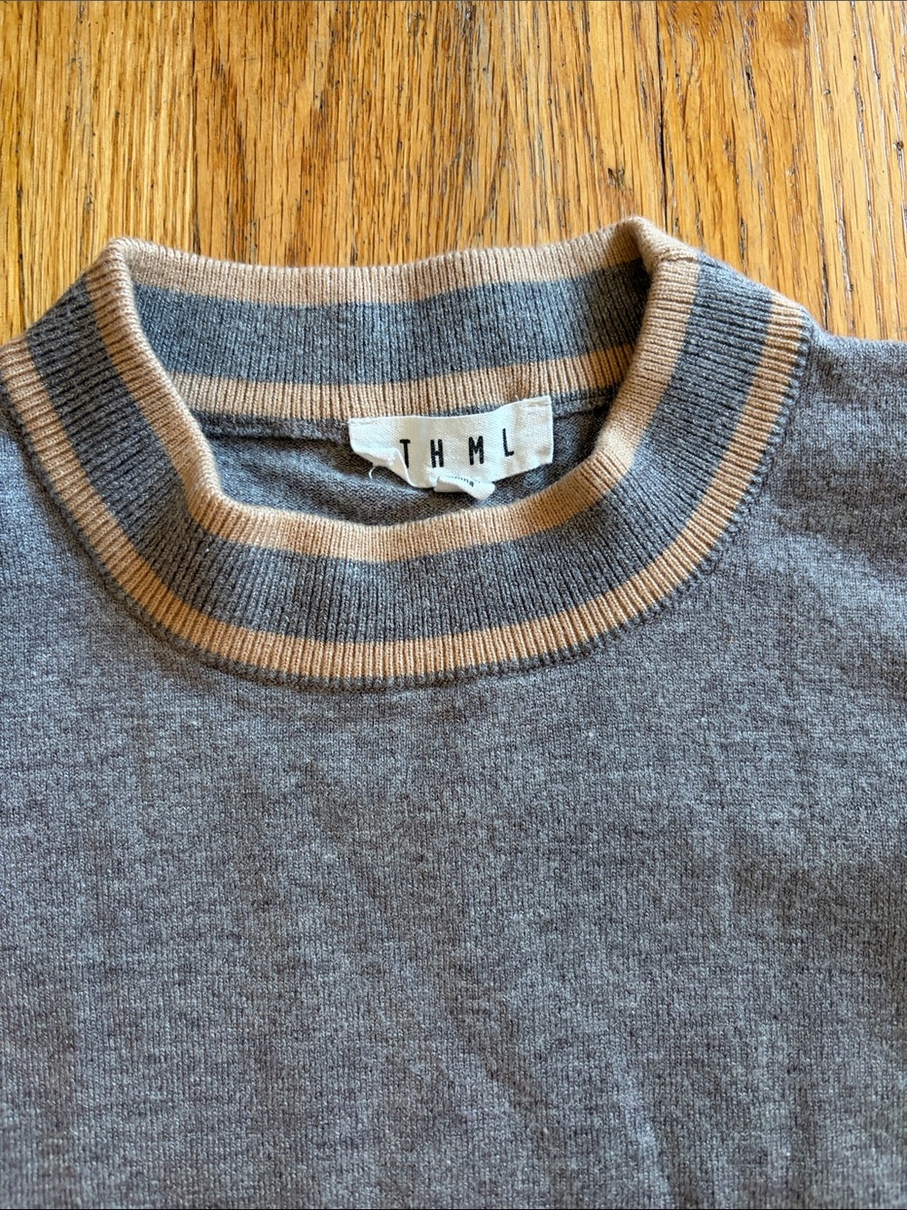 THML Gray Ruffle Sleeve Knit Top with Cream Stripe Accents - Picture 2 of 3